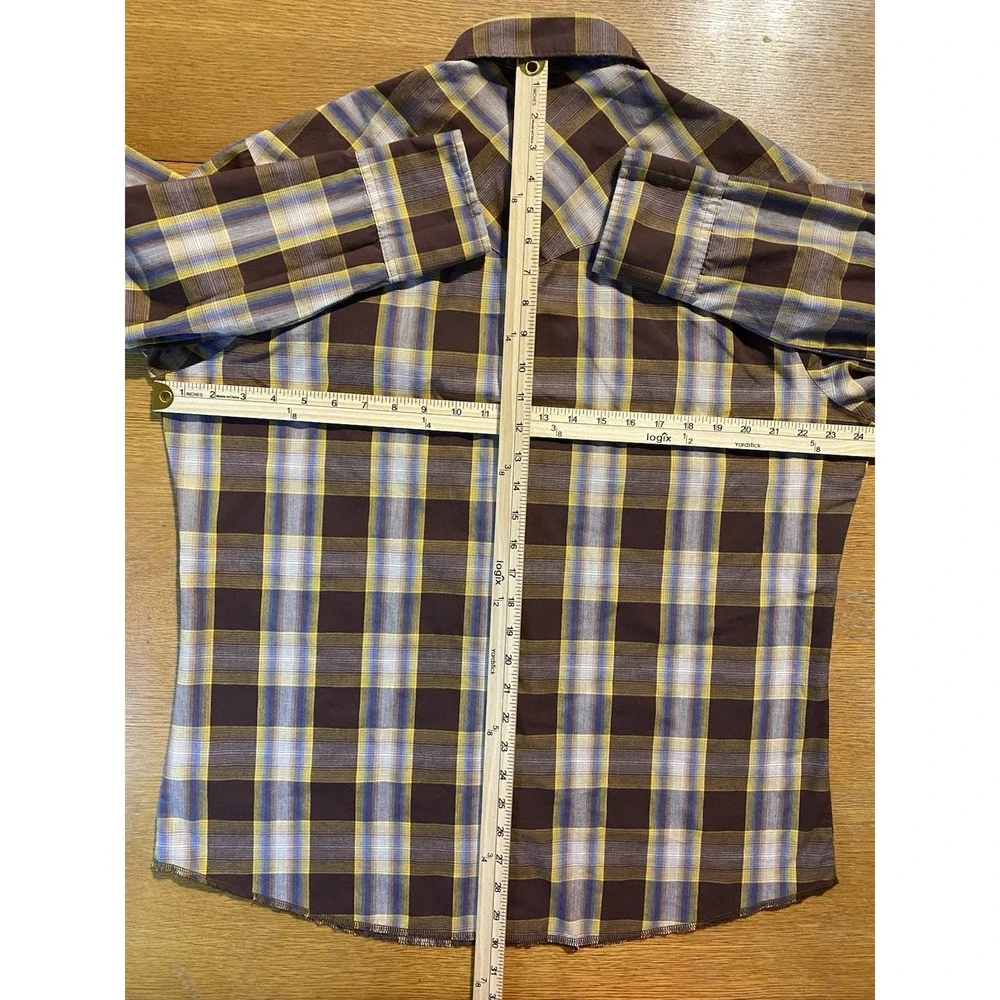 Wrangler Western‎ Shirt L Brown Yellow Check Pearl Snap Cowboy Rodeo 75204PP Y2K